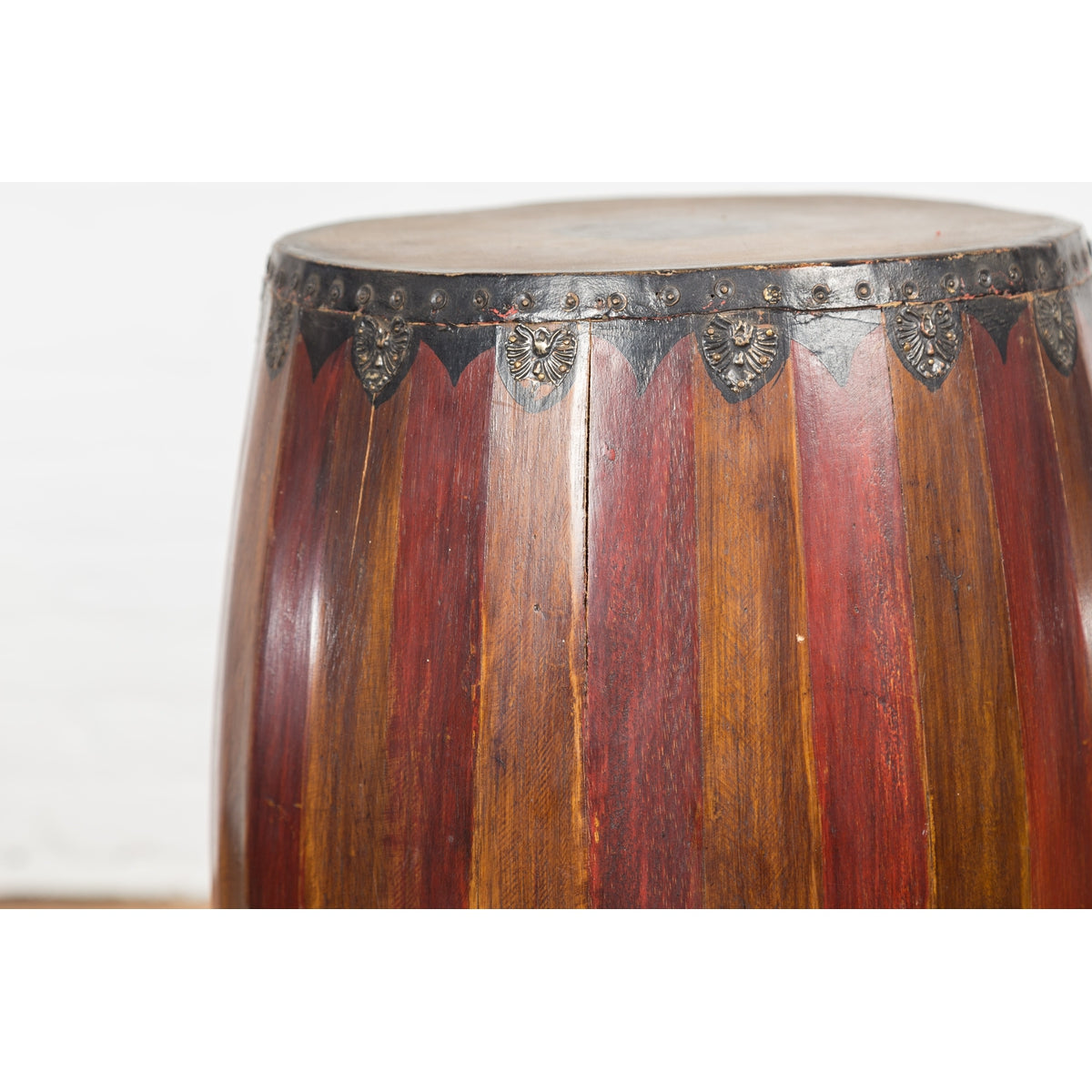 Antique Thai Two Toned Wooden Drum with Leather Top and Butterfly Motifs-10. Asian &amp; Chinese Furniture, Art, Antiques, Vintage Home Décor for sale at FEA Home