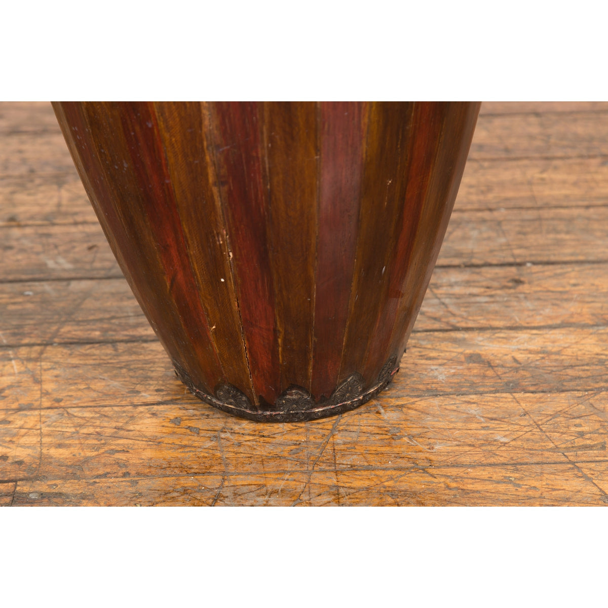 Antique Thai Two Toned Wooden Drum with Leather Top and Butterfly Motifs-11. Asian &amp; Chinese Furniture, Art, Antiques, Vintage Home Décor for sale at FEA Home