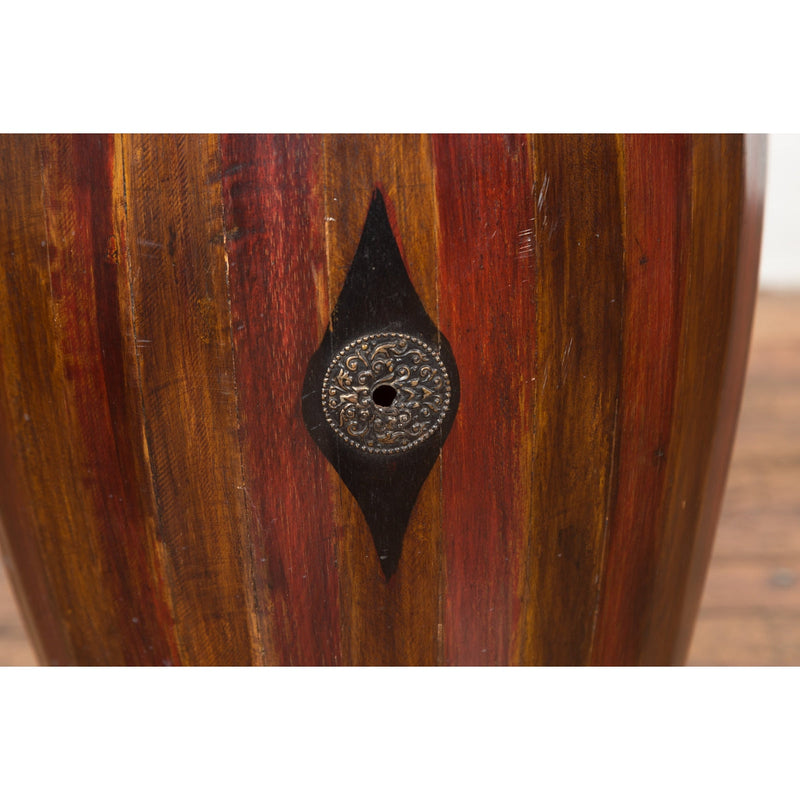Antique Thai Two Toned Wooden Drum with Leather Top and Butterfly Motifs-YN7691-12. Asian & Chinese Furniture, Art, Antiques, Vintage Home Décor for sale at FEA Home