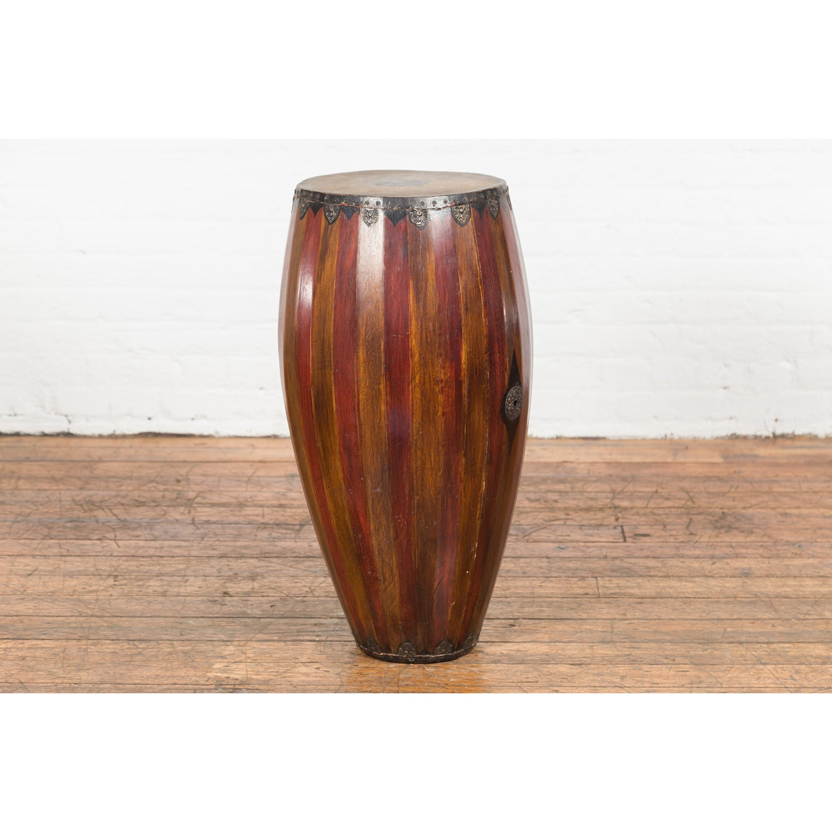 Antique Thai Two Toned Wooden Drum with Leather Top and Butterfly Motifs-13. Asian &amp; Chinese Furniture, Art, Antiques, Vintage Home Décor for sale at FEA Home
