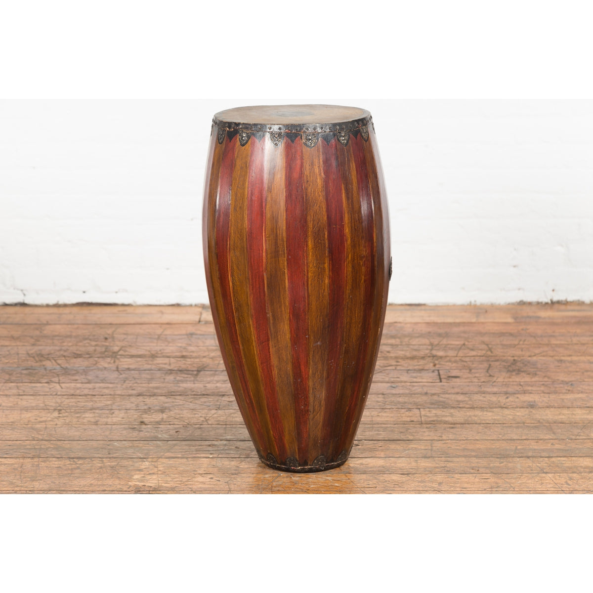 Antique Thai Two Toned Wooden Drum with Leather Top and Butterfly Motifs-14. Asian &amp; Chinese Furniture, Art, Antiques, Vintage Home Décor for sale at FEA Home