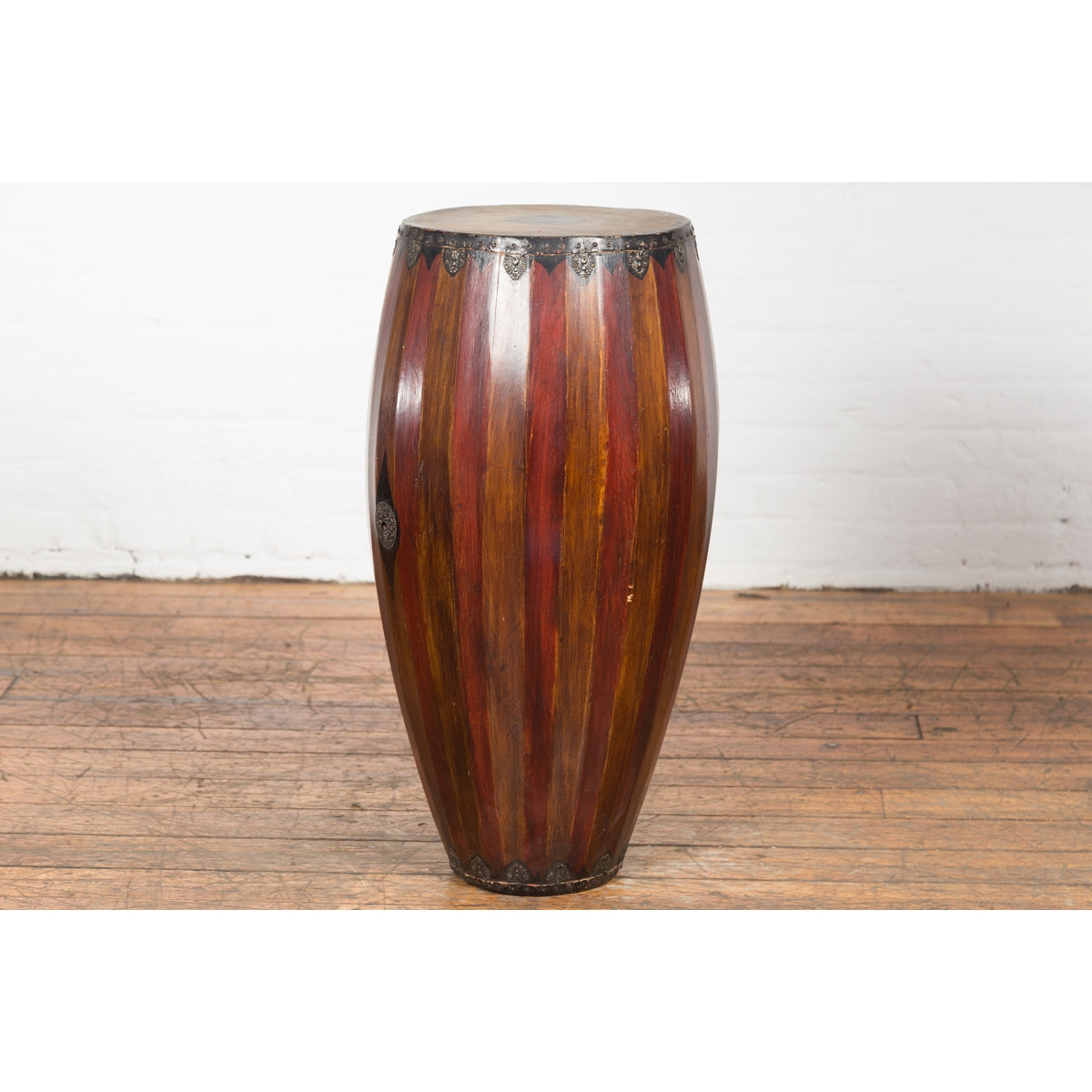 Antique Thai Two Toned Wooden Drum with Leather Top and Butterfly Motifs-15. Asian &amp; Chinese Furniture, Art, Antiques, Vintage Home Décor for sale at FEA Home