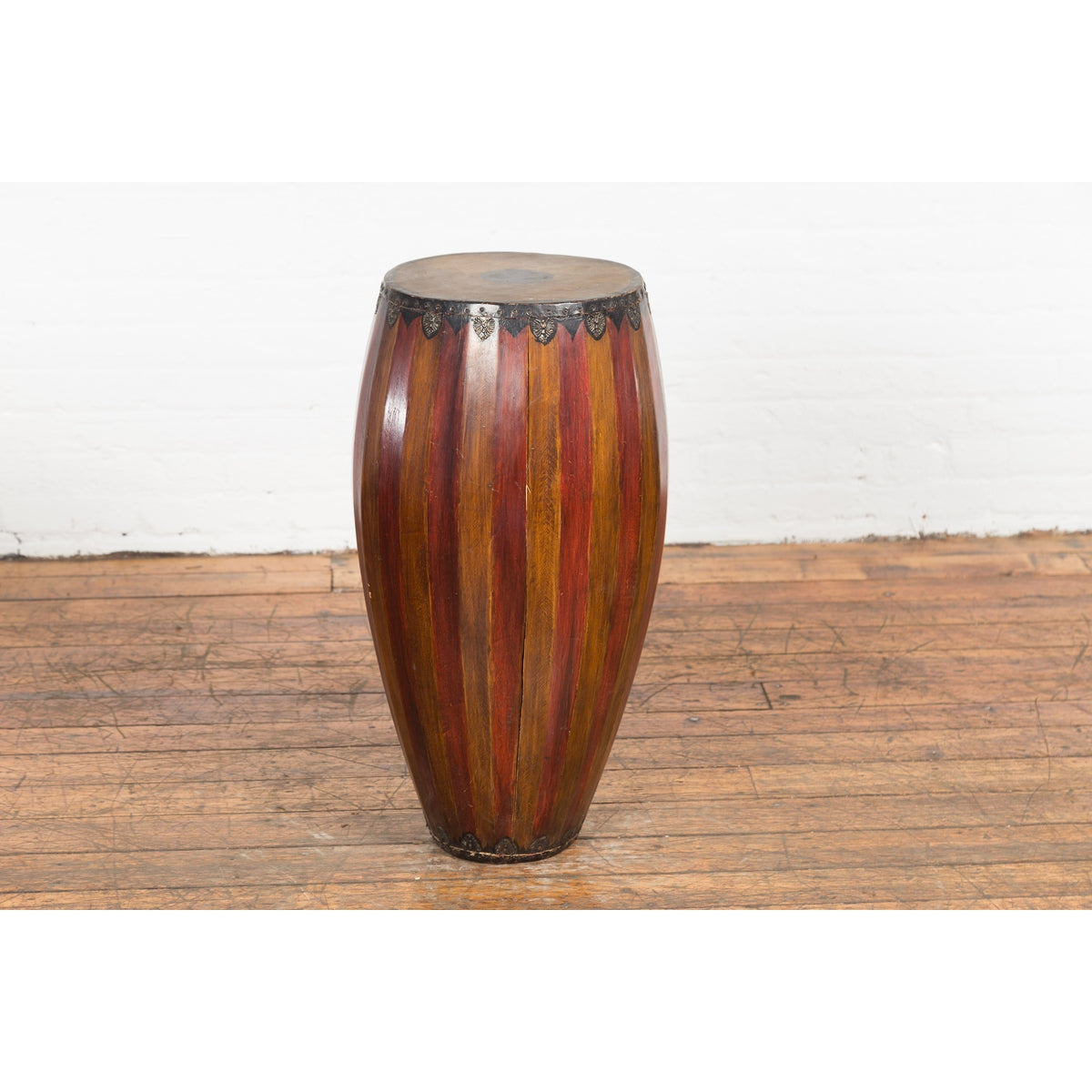 Antique Thai Two Toned Wooden Drum with Leather Top and Butterfly Motifs-16. Asian &amp; Chinese Furniture, Art, Antiques, Vintage Home Décor for sale at FEA Home
