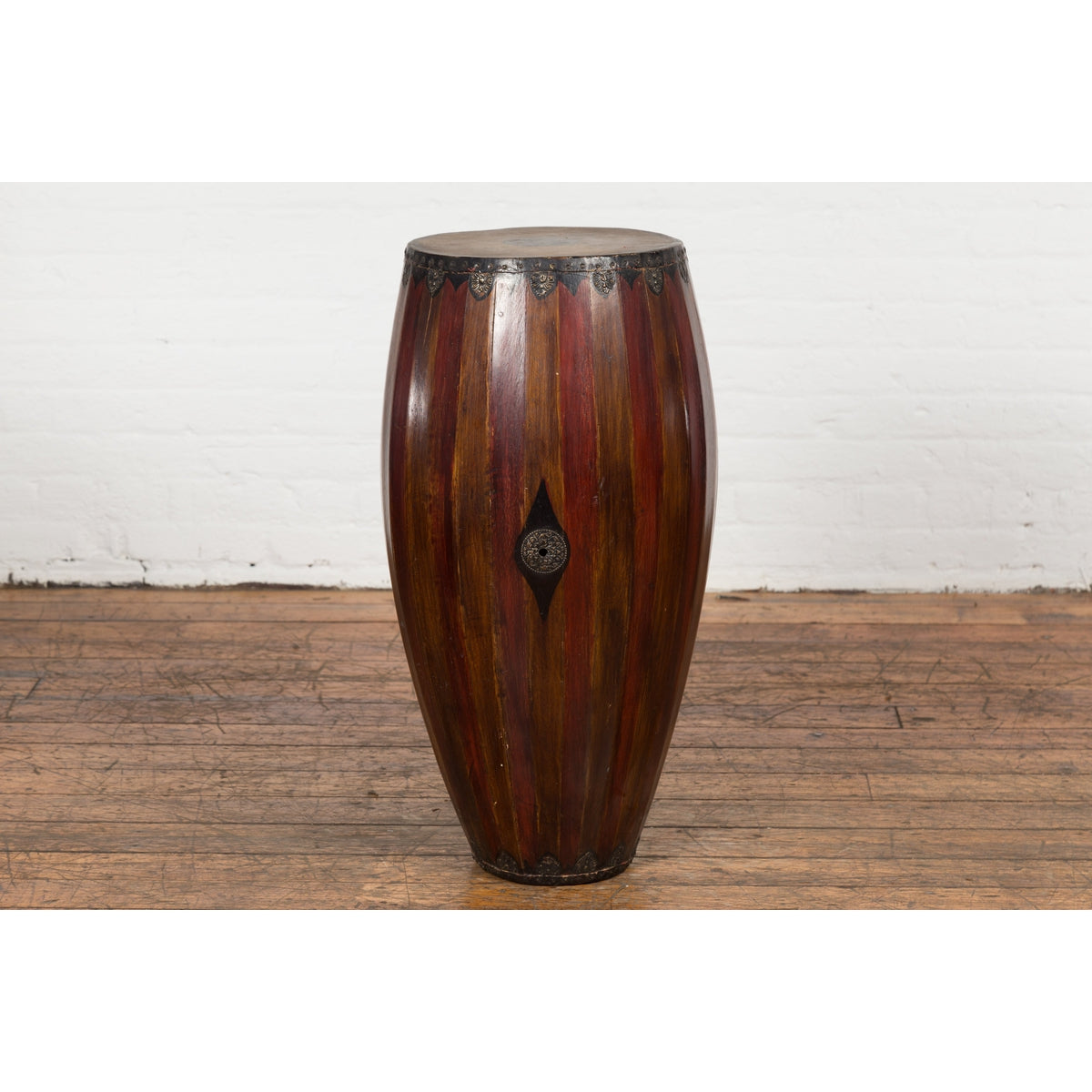 Antique Thai Two Toned Wooden Drum with Leather Top and Butterfly Motifs-3. Asian &amp; Chinese Furniture, Art, Antiques, Vintage Home Décor for sale at FEA Home