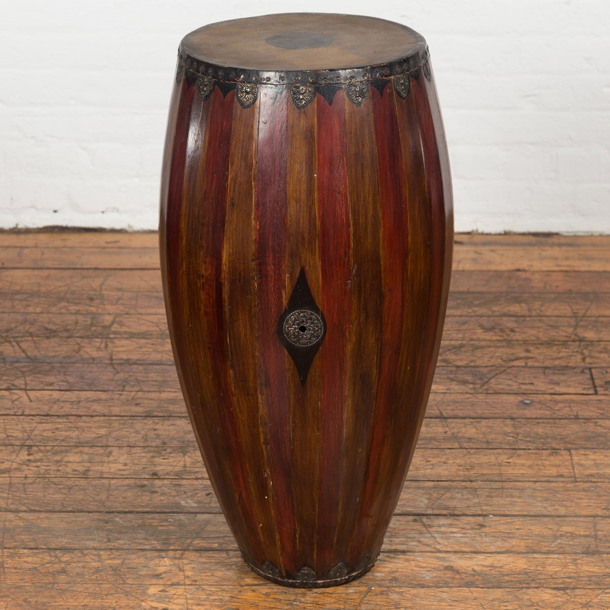 Antique Thai Two Toned Wooden Drum with Leather Top and Butterfly Motifs-4. Asian &amp; Chinese Furniture, Art, Antiques, Vintage Home Décor for sale at FEA Home