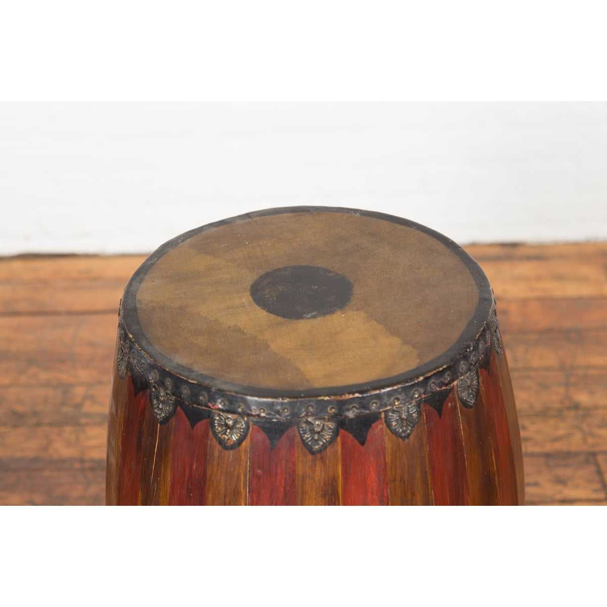 Antique Thai Two Toned Wooden Drum with Leather Top and Butterfly Motifs-5. Asian &amp; Chinese Furniture, Art, Antiques, Vintage Home Décor for sale at FEA Home
