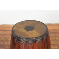 Antique Thai Two Toned Wooden Drum with Leather Top and Butterfly Motifs