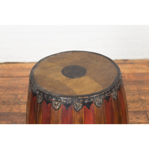 Antique Thai Two Toned Wooden Drum with Leather Top and Butterfly Motifs-YN7691-5. Asian & Chinese Furniture, Art, Antiques, Vintage Home Décor for sale at FEA Home