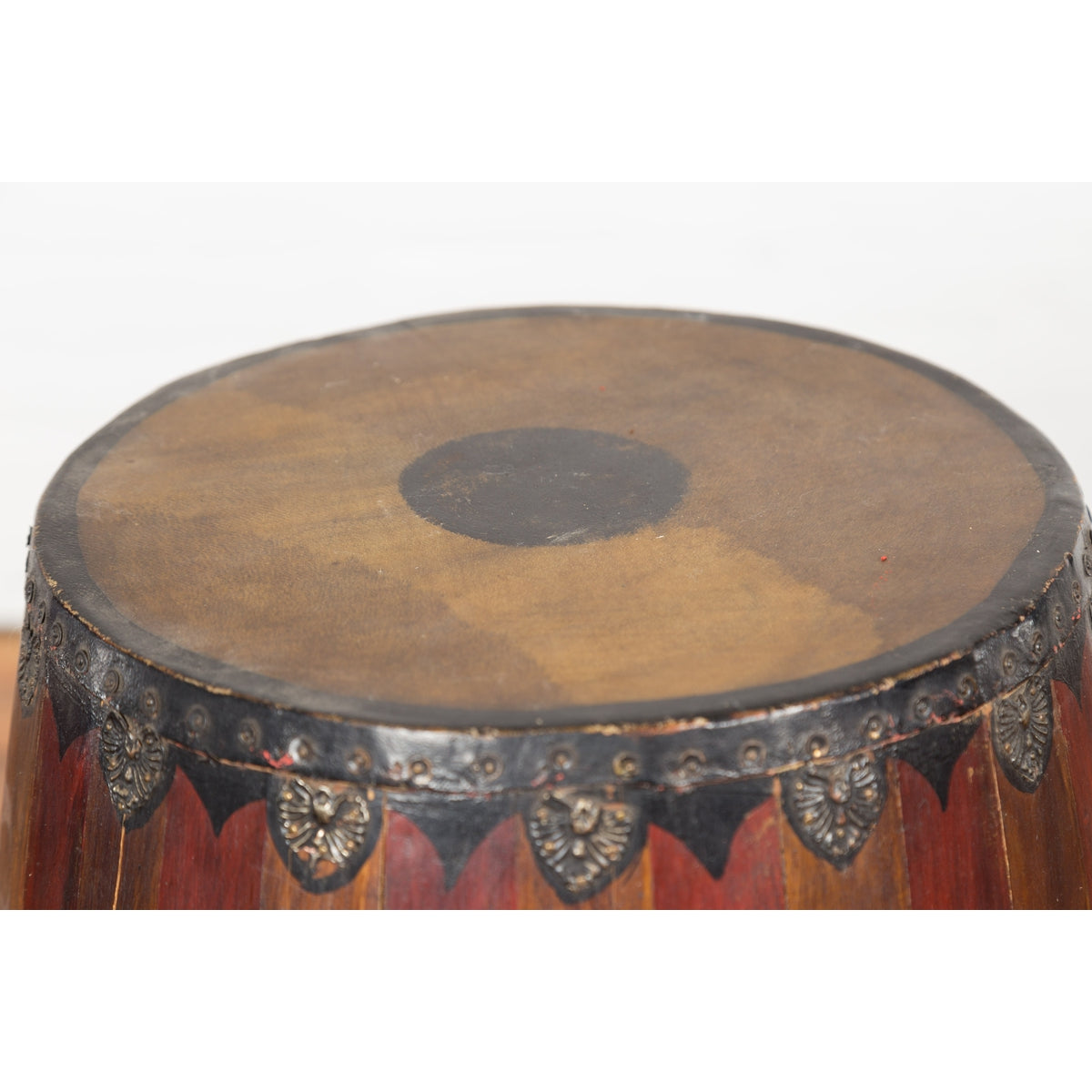 Antique Thai Two Toned Wooden Drum with Leather Top and Butterfly Motifs-6. Asian &amp; Chinese Furniture, Art, Antiques, Vintage Home Décor for sale at FEA Home