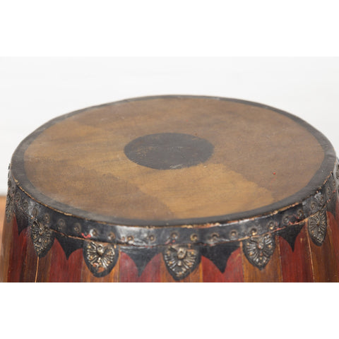 Antique Thai Two Toned Wooden Drum with Leather Top and Butterfly Motifs-YN7691-6. Asian & Chinese Furniture, Art, Antiques, Vintage Home Décor for sale at FEA Home