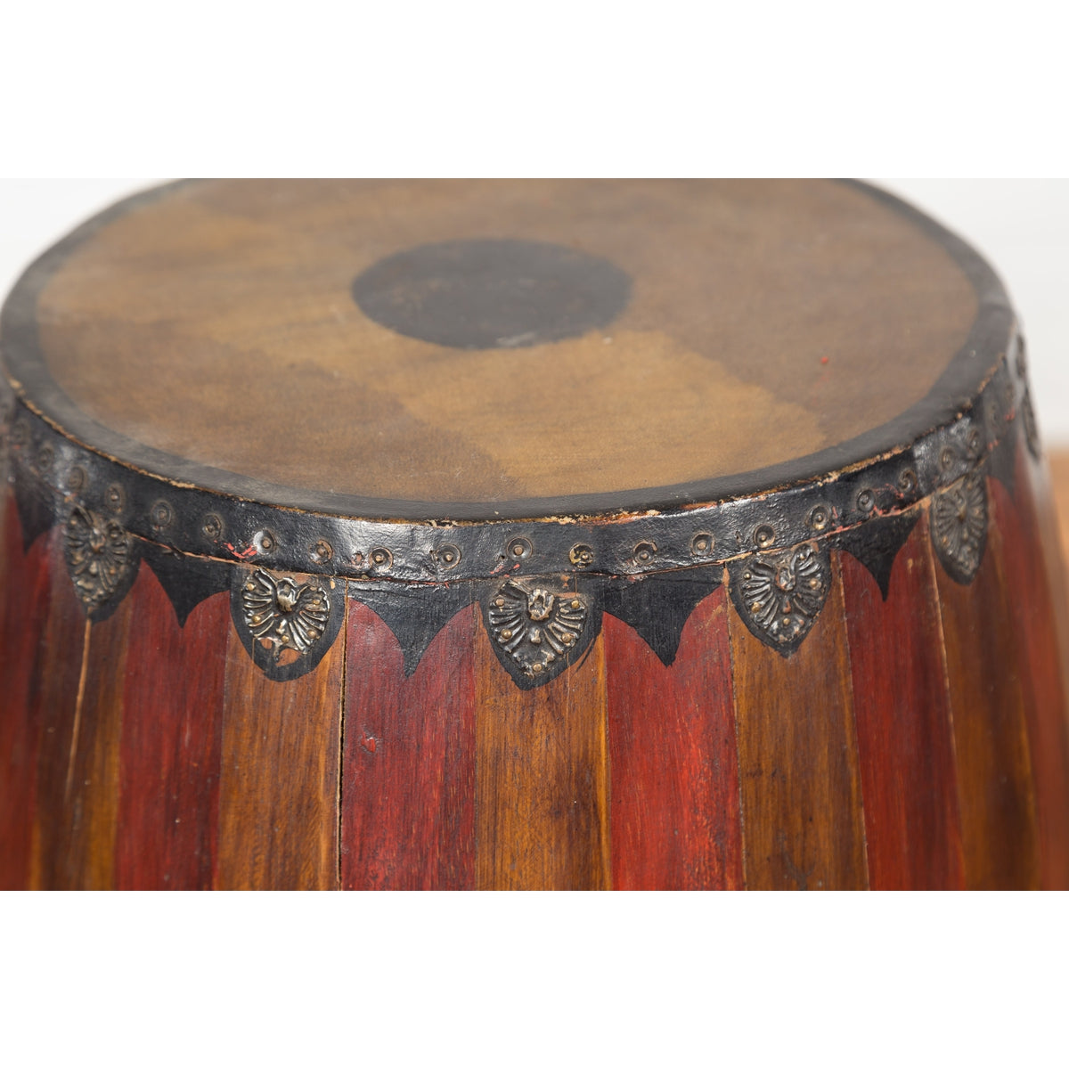 Antique Thai Two Toned Wooden Drum with Leather Top and Butterfly Motifs-7. Asian &amp; Chinese Furniture, Art, Antiques, Vintage Home Décor for sale at FEA Home