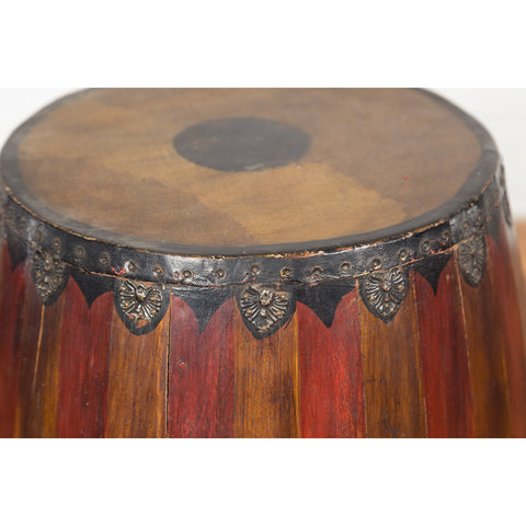 Antique Thai Two Toned Wooden Drum with Leather Top and Butterfly Motifs-YN7691-7. Asian & Chinese Furniture, Art, Antiques, Vintage Home Décor for sale at FEA Home