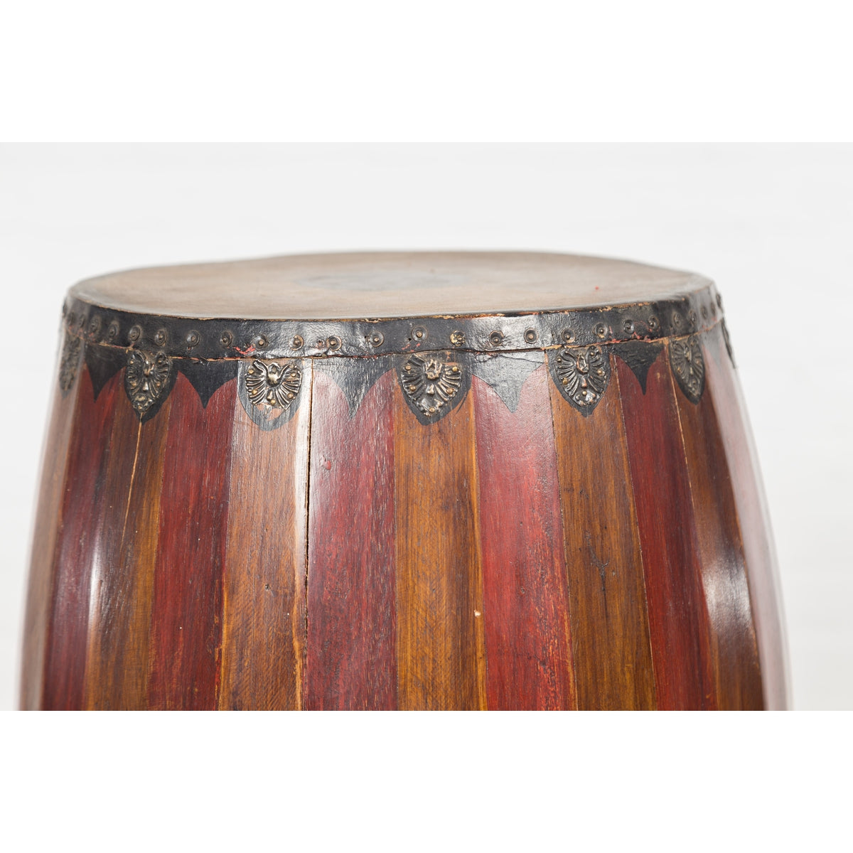 Antique Thai Two Toned Wooden Drum with Leather Top and Butterfly Motifs-8. Asian &amp; Chinese Furniture, Art, Antiques, Vintage Home Décor for sale at FEA Home