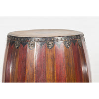 Antique Thai Two Toned Wooden Drum with Leather Top and Butterfly Motifs