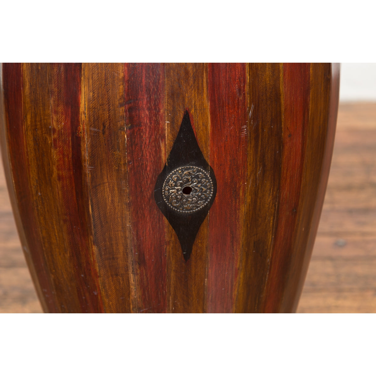 Antique Thai Two Toned Wooden Drum with Leather Top and Butterfly Motifs-9. Asian &amp; Chinese Furniture, Art, Antiques, Vintage Home Décor for sale at FEA Home