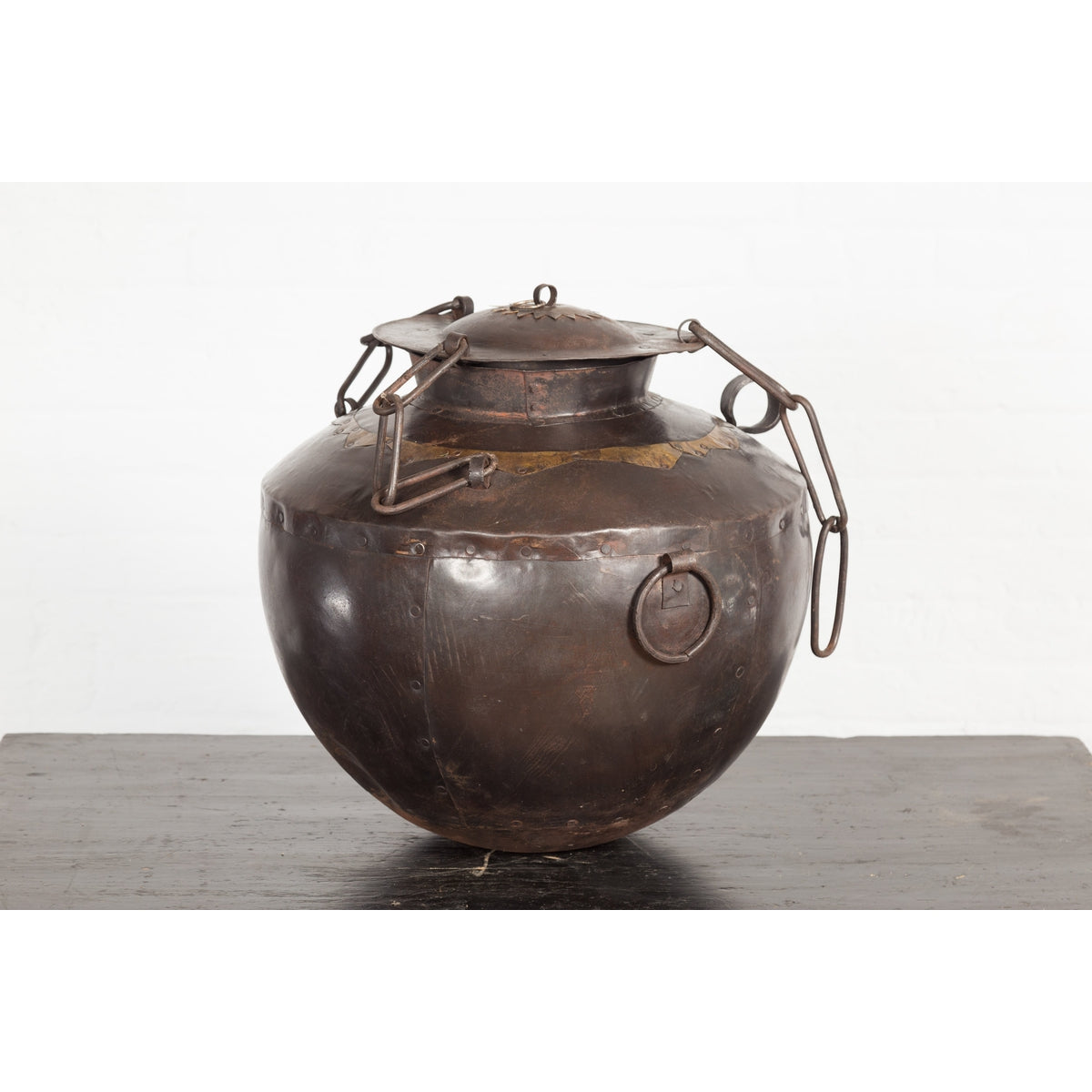 Antique Indian 19th Century Iron Lidded Water Vessel with Brass Accents-4. Asian &amp; Chinese Furniture, Art, Antiques, Vintage Home Décor for sale at FEA Home