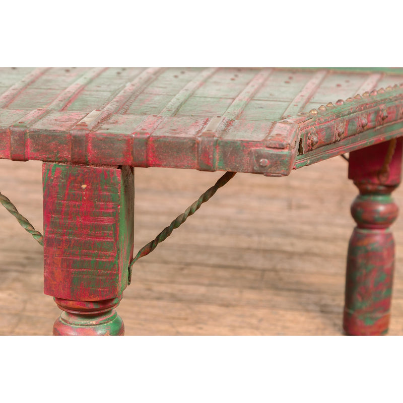 Triangular Green & Red Cart Converted into Coffee Table-YN7704-10. Asian & Chinese Furniture, Art, Antiques, Vintage Home Décor for sale at FEA Home