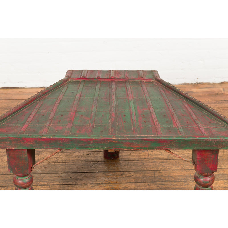 Triangular Green & Red Cart Converted into Coffee Table-YN7704-17. Asian & Chinese Furniture, Art, Antiques, Vintage Home Décor for sale at FEA Home