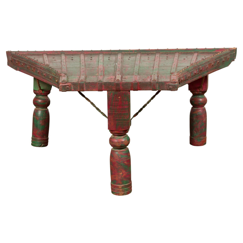 Triangular Green & Red Cart Converted into Coffee Table-YN7704-1. Asian & Chinese Furniture, Art, Antiques, Vintage Home Décor for sale at FEA Home