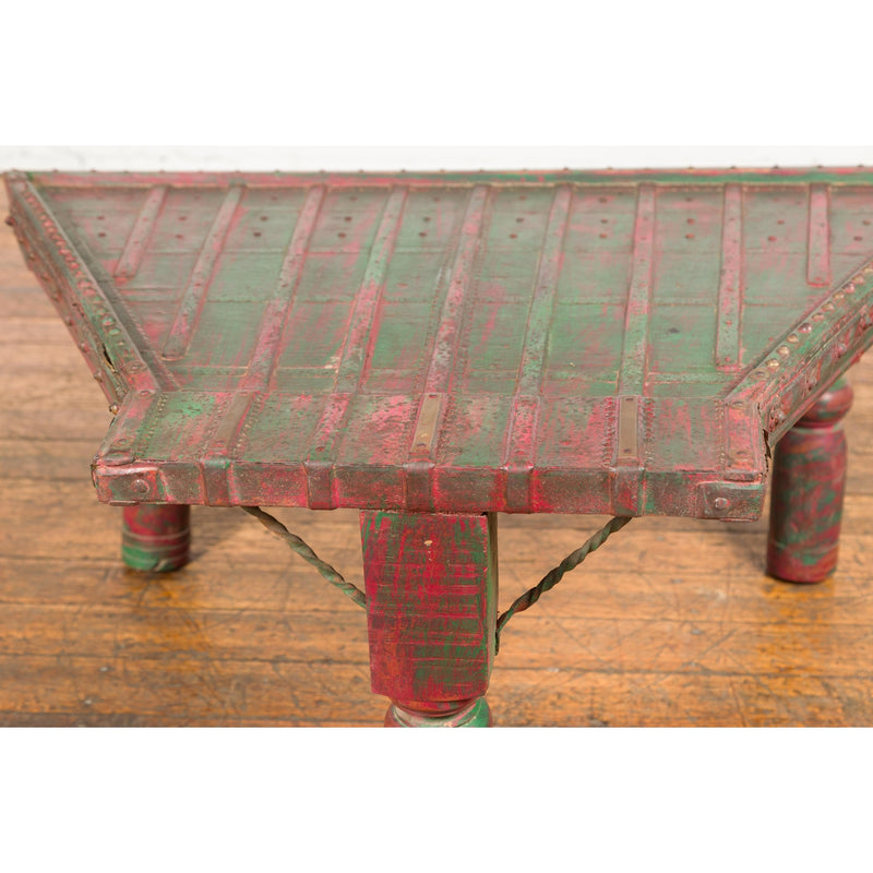 Triangular Green & Red Cart Converted into Coffee Table-YN7704-7. Asian & Chinese Furniture, Art, Antiques, Vintage Home Décor for sale at FEA Home