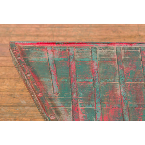 Rustic Red and Green Coffee Table with Trapezoidal Top and Iron Stretchers-YN7706-11. Asian & Chinese Furniture, Art, Antiques, Vintage Home Décor for sale at FEA Home