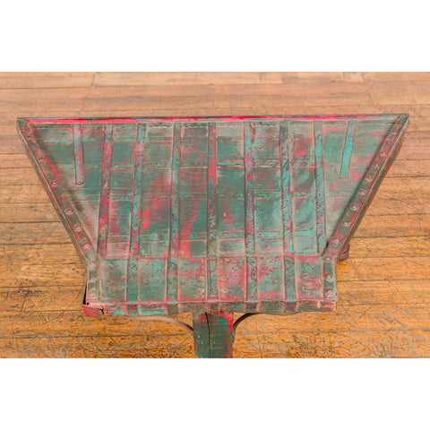 Rustic Red and Green Coffee Table with Trapezoidal Top and Iron Stretchers-YN7706-15. Asian & Chinese Furniture, Art, Antiques, Vintage Home Décor for sale at FEA Home