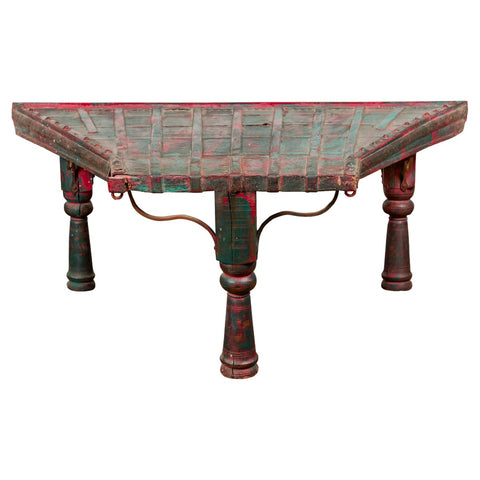 Rustic Red and Green Coffee Table with Trapezoidal Top and Iron Stretchers-YN7706-1. Asian & Chinese Furniture, Art, Antiques, Vintage Home Décor for sale at FEA Home