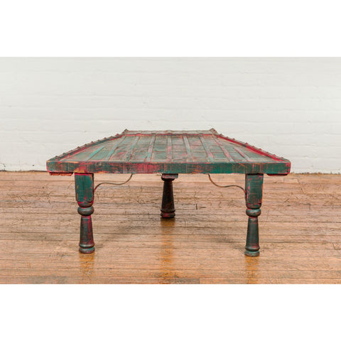 Rustic Red and Green Coffee Table with Trapezoidal Top and Iron Stretchers-YN7706-3. Asian & Chinese Furniture, Art, Antiques, Vintage Home Décor for sale at FEA Home
