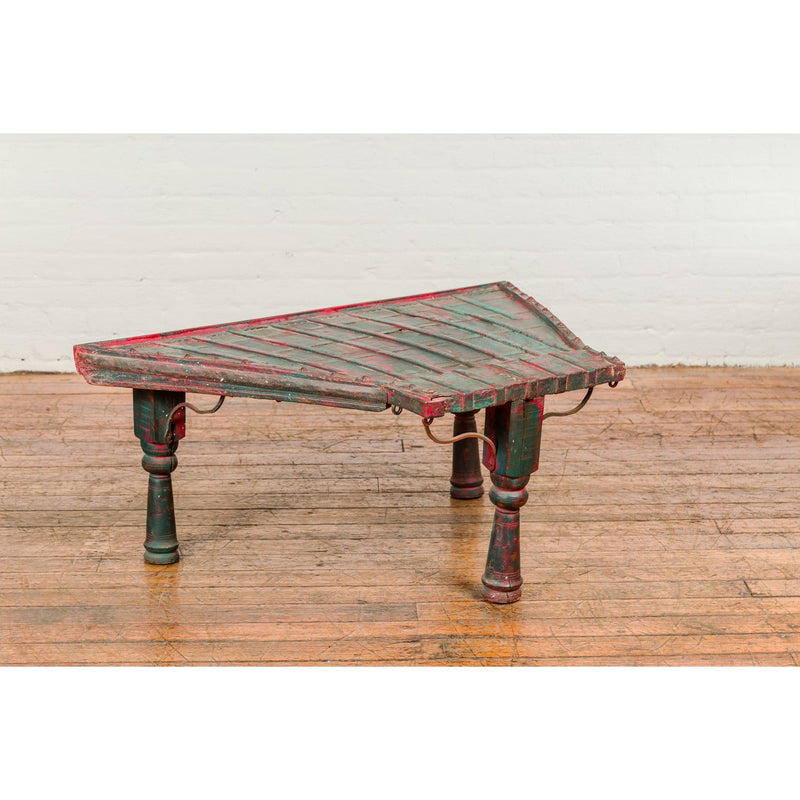 Rustic Red and Green Coffee Table with Trapezoidal Top and Iron Stretchers-YN7706-6. Asian & Chinese Furniture, Art, Antiques, Vintage Home Décor for sale at FEA Home