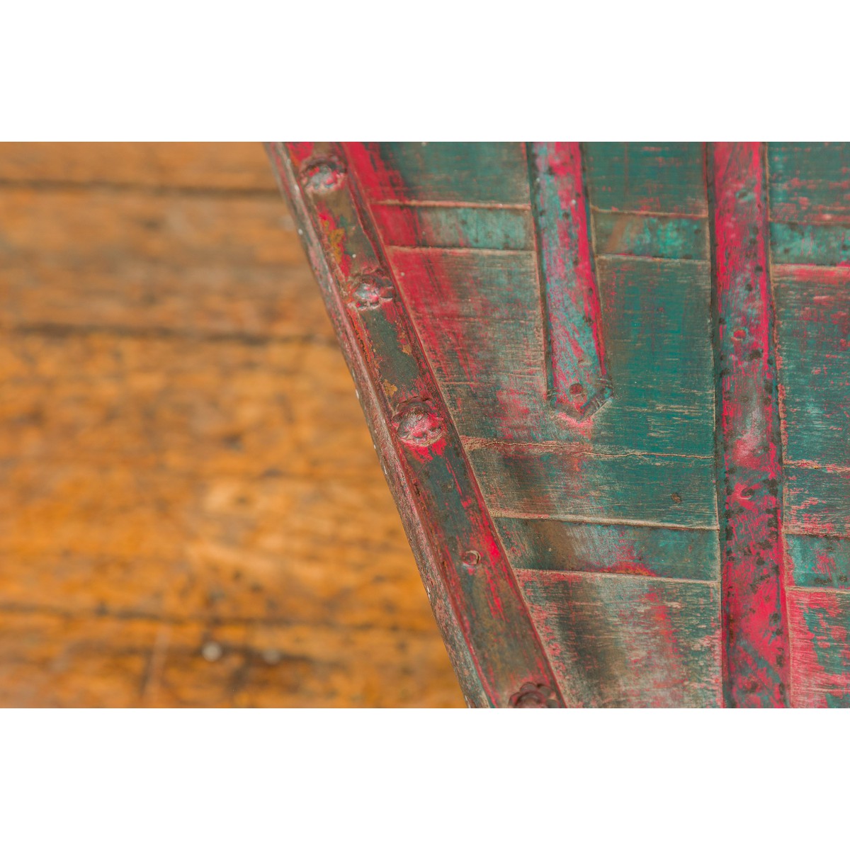 Rustic Red and Green Coffee Table with Trapezoidal Top and Iron Stretchers-8. Asian &amp; Chinese Furniture, Art, Antiques, Vintage Home Décor for sale at FEA Home