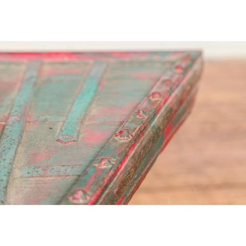 Rustic Red and Green Coffee Table with Trapezoidal Top and Iron Stretchers-YN7706-9. Asian & Chinese Furniture, Art, Antiques, Vintage Home Décor for sale at FEA Home