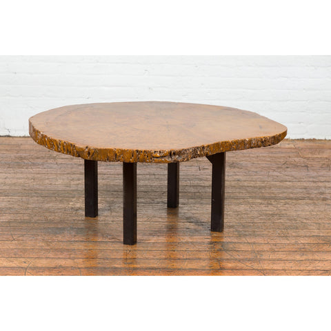 Brown and Black Organic Old Root Tree Slice Table with Straight Wooden Legs