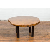 Brown and Black Organic Old Root Tree Slice Table with Straight Wooden Legs