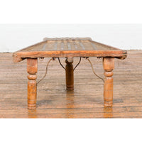 Rustic Coffee Table Made of 19th Century Indian Bullock Cart with Iron Stretcher