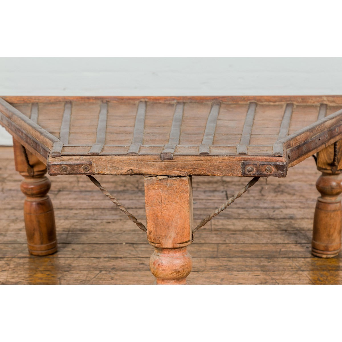 19th Century Bullock Cart Rustic Coffee Table with Twisted Iron Stretchers-4. Asian &amp; Chinese Furniture, Art, Antiques, Vintage Home Décor for sale at FEA Home