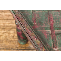 Rustic Coffee Table with Red and Green Lacquer, Turned Baluster Legs and Iron