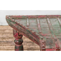 Rustic Coffee Table with Red and Green Lacquer, Turned Baluster Legs and Iron