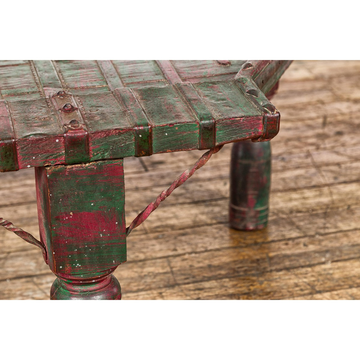 Rustic Coffee Table with Red and Green Lacquer, Turned Baluster Legs and Iron-13. Asian &amp; Chinese Furniture, Art, Antiques, Vintage Home Décor for sale at FEA Home