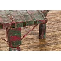 Rustic Coffee Table with Red and Green Lacquer, Turned Baluster Legs and Iron