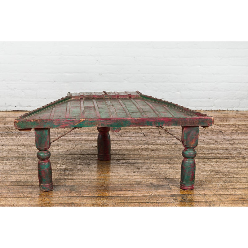 Rustic Coffee Table with Red and Green Lacquer, Turned Baluster Legs and Iron-YN7713-16. Asian & Chinese Furniture, Art, Antiques, Vintage Home Décor for sale at FEA Home
