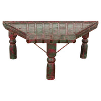 Rustic Coffee Table with Red and Green Lacquer, Turned Baluster Legs and Iron