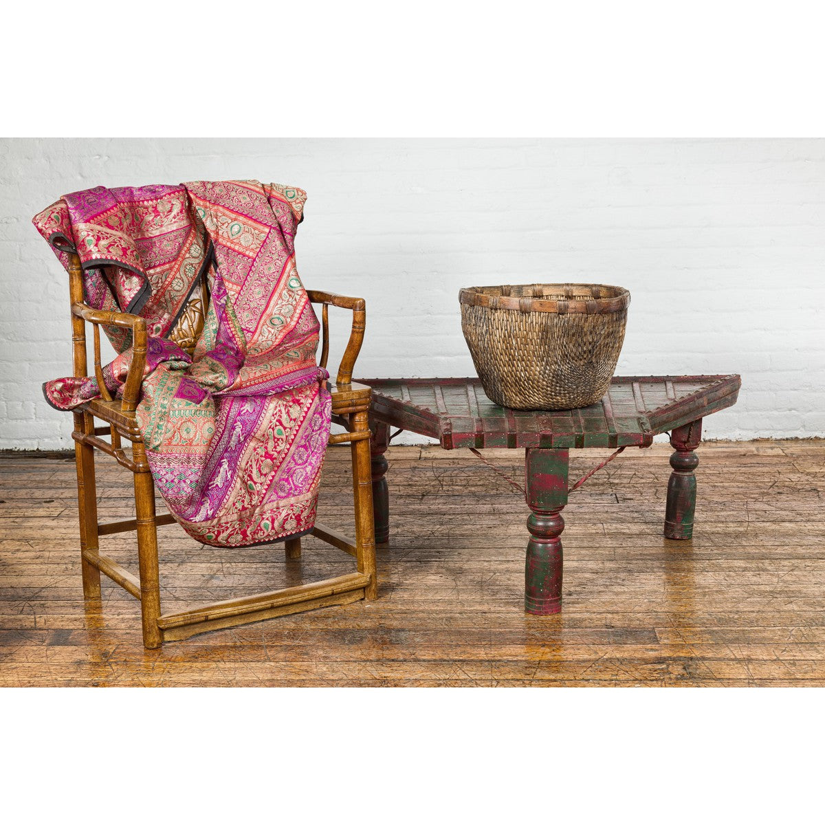 Rustic Coffee Table with Red and Green Lacquer, Turned Baluster Legs and Iron-2. Asian & Chinese Furniture, Art, Antiques, Vintage Home Décor for sale at FEA Home
