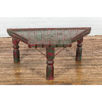 Rustic Coffee Table with Red and Green Lacquer, Turned Baluster Legs and Iron