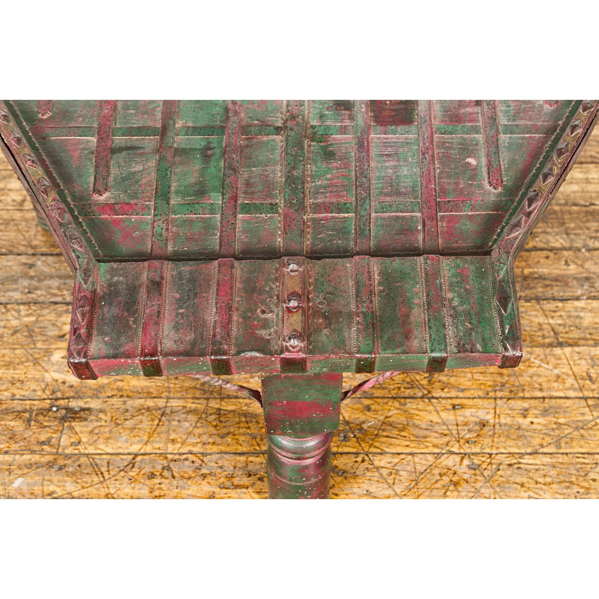 Rustic Coffee Table with Red and Green Lacquer, Turned Baluster Legs and Iron-8. Asian &amp; Chinese Furniture, Art, Antiques, Vintage Home Décor for sale at FEA Home