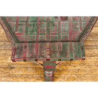 Rustic Coffee Table with Red and Green Lacquer, Turned Baluster Legs and Iron