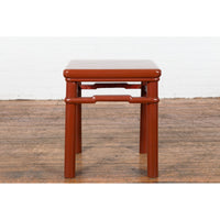 Chinese 1900s Qing Dynasty Red Lacquer Stool or Table with Humpback Stretchers