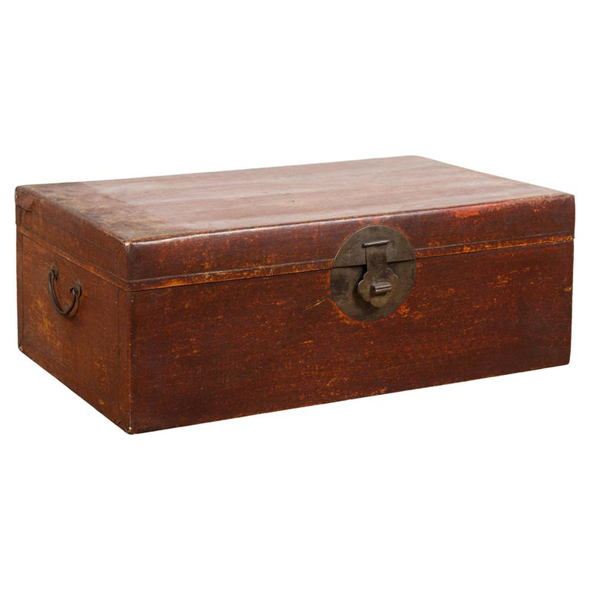 Chinese 19th Century Qing Dynasty Red Painted Paper Bound Trunk with Brass Lock-1. Asian & Chinese Furniture, Art, Antiques, Vintage Home Décor for sale at FEA Home
