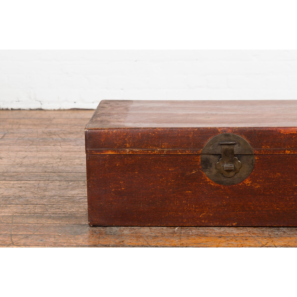 Chinese 19th Century Qing Dynasty Red Painted Paper Bound Trunk with Brass Lock-12. Asian &amp; Chinese Furniture, Art, Antiques, Vintage Home Décor for sale at FEA Home