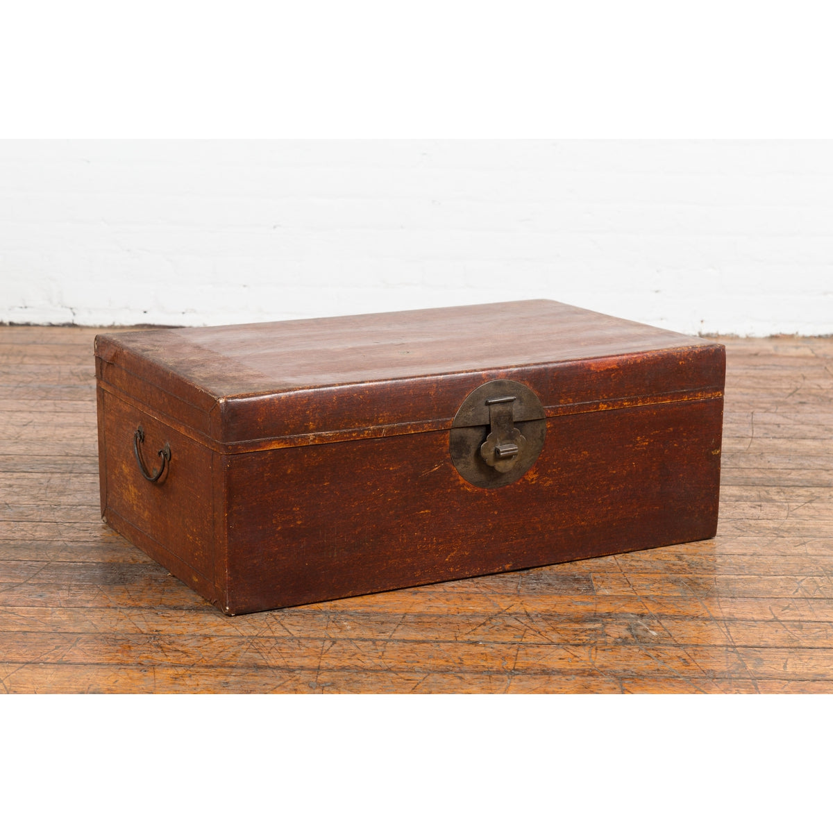Chinese 19th Century Qing Dynasty Red Painted Paper Bound Trunk with Brass Lock-2. Asian & Chinese Furniture, Art, Antiques, Vintage Home Décor for sale at FEA Home