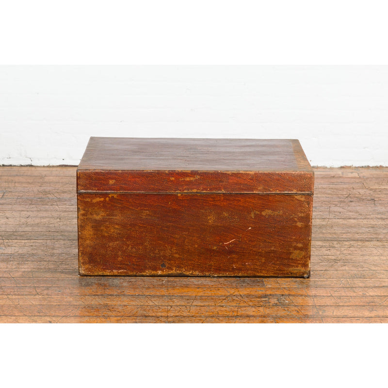 Reddish Brown Leather Bound Trunk or Coffee Table with Brass Hardware-YN7718-19. Asian & Chinese Furniture, Art, Antiques, Vintage Home Décor for sale at FEA Home
